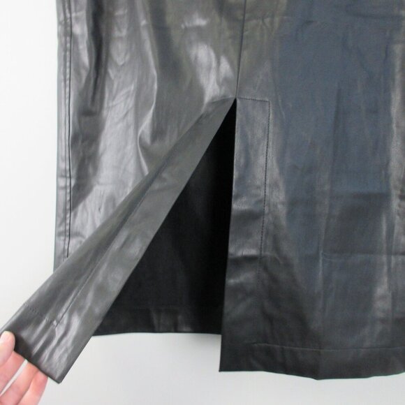 J Crew Women Faux Leather Pencil Skirt 18 Black Midi Front Slit Party Luxury 364 - Picture 8 of 14